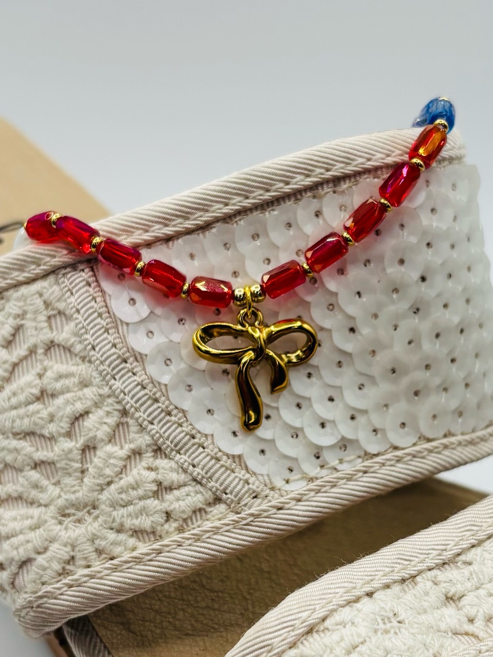 *ANKLET* S.Steel Gold Bow & AB Red White Blue Glass Stretchy Anklet - Picture 4 of 6